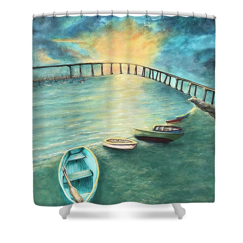 Acrylic Painting Shower Curtain featuring the painting Sunrise Tide at Coronado by Deborah Naves