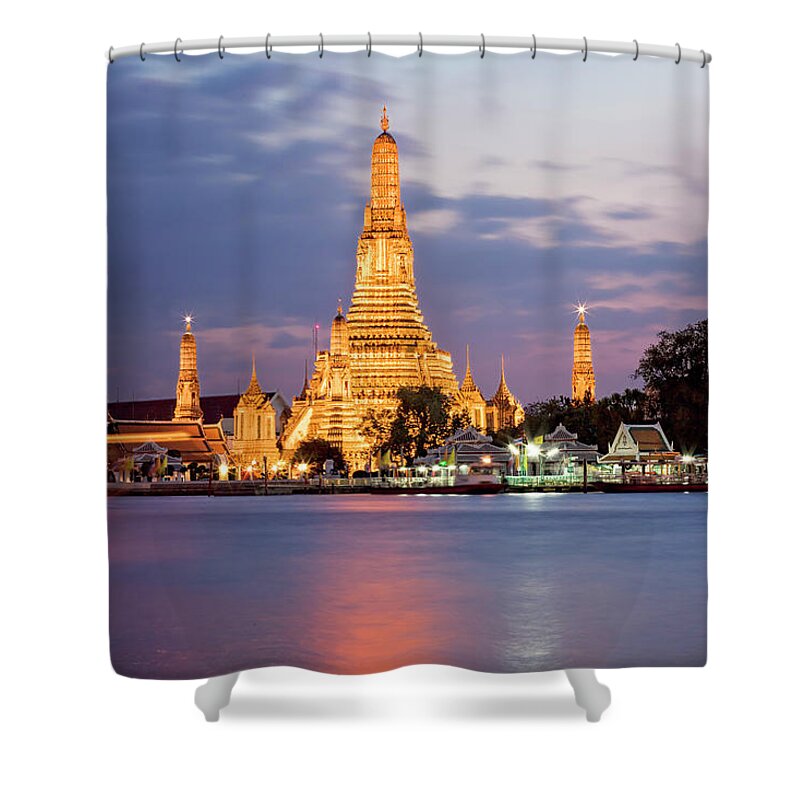 Pagoda Shower Curtain featuring the photograph Sunrise Wat Arun Bangkok.thailand by All Rights Reserved - Copyright