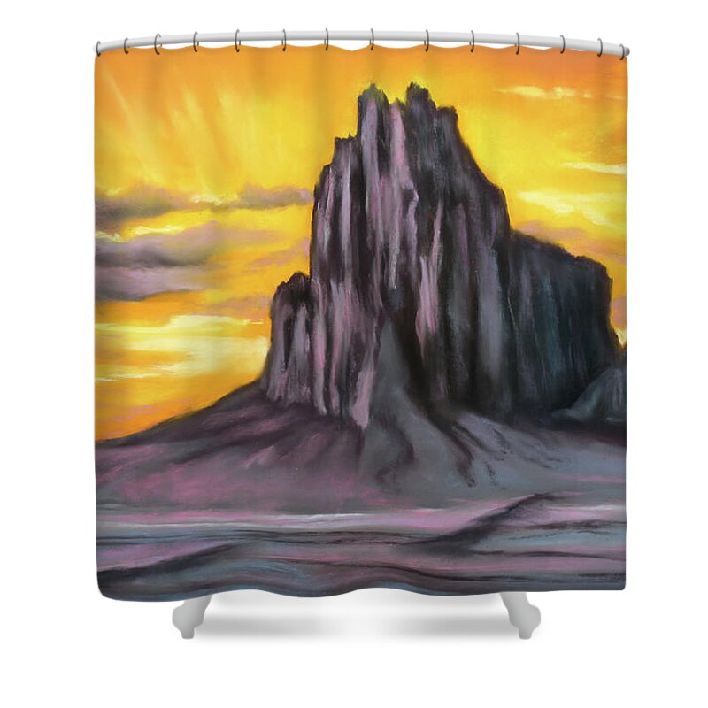 Sunset Shower Curtain featuring the painting Sunset at Shiprock by Sandi Snead