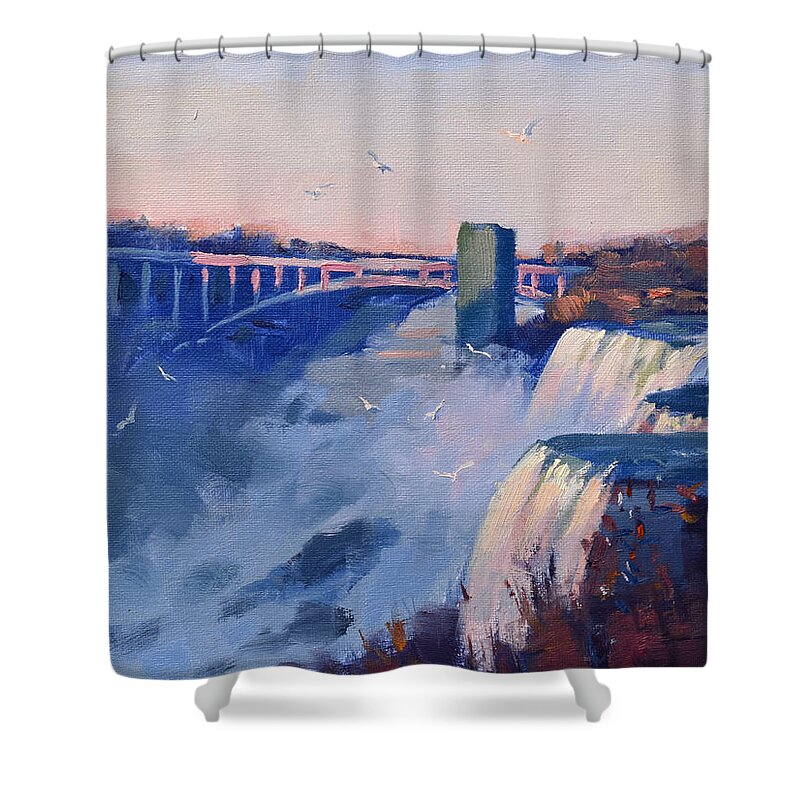 Sunset Shower Curtain featuring the painting Sunset at the Falls by Ylli Haruni