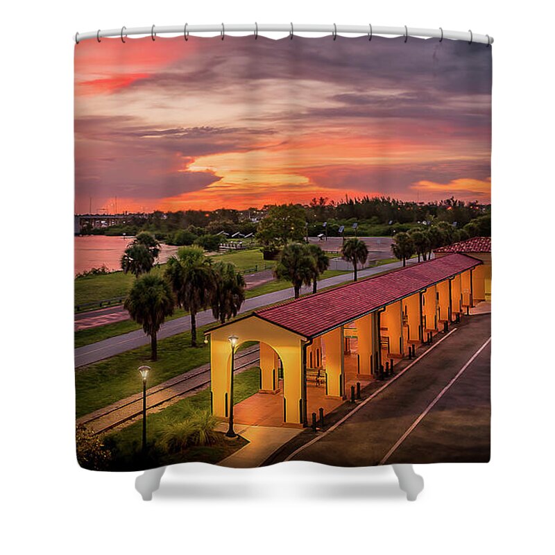 Legacy Trail Shower Curtain featuring the photograph Sunset at the Train Depot in Venice, Florida 2 by Liesl Walsh