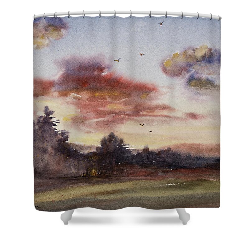 Watercolor Shower Curtain featuring the painting Sunset Bonfire by Judith Levins