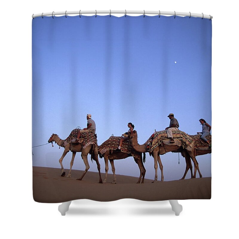 Shadow Shower Curtain featuring the photograph Sunset Camel Ride, Al Maha Desert by Holger Leue