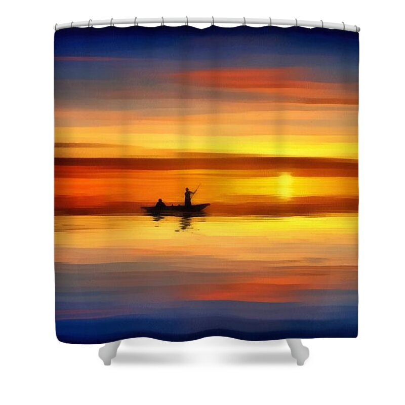 Sunset Fishing Shower Curtain featuring the painting Sunset Fishing by Harry Warrick