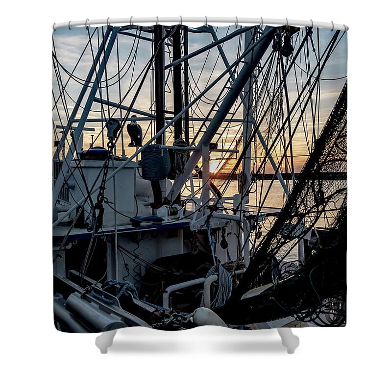 Sunset Shower Curtain featuring the photograph Sunset From A Shrimp Boat by Dennis Schmidt