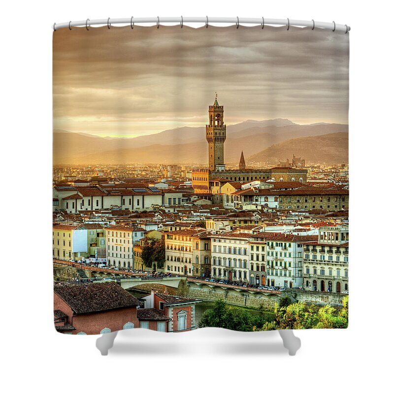 Florence Shower Curtain featuring the photograph Sunset in Florence Triptych 2 - Palazzo Vecchio by Weston Westmoreland