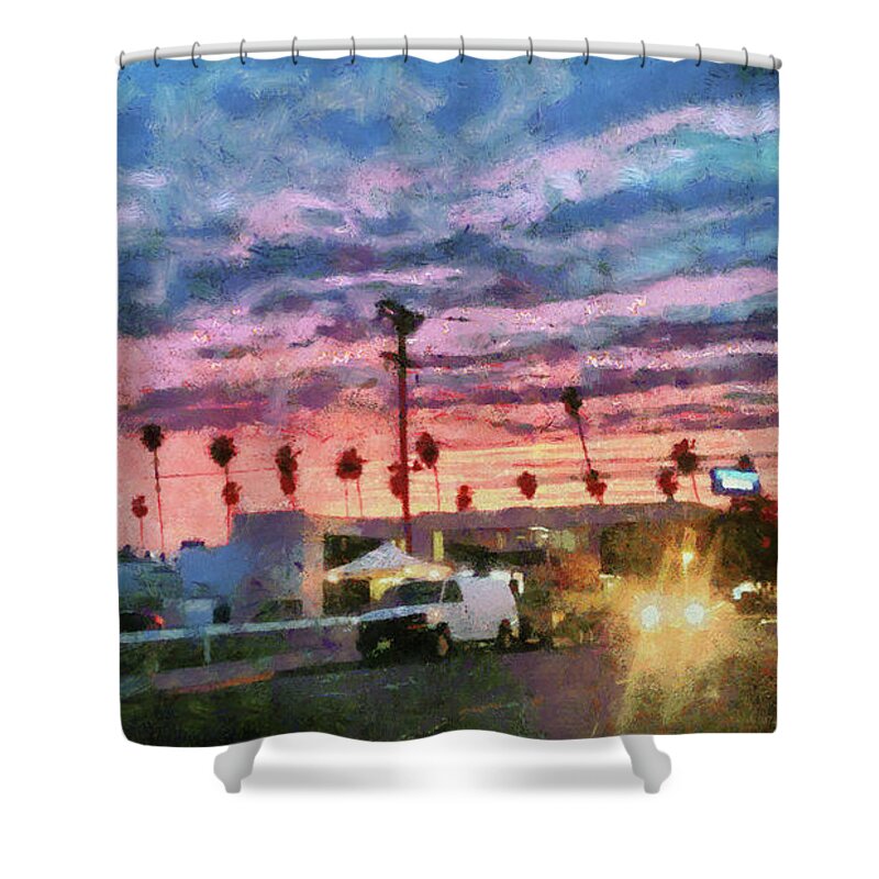 Sunset Shower Curtain featuring the digital art Sunset in Santa Monica by Bernie Sirelson