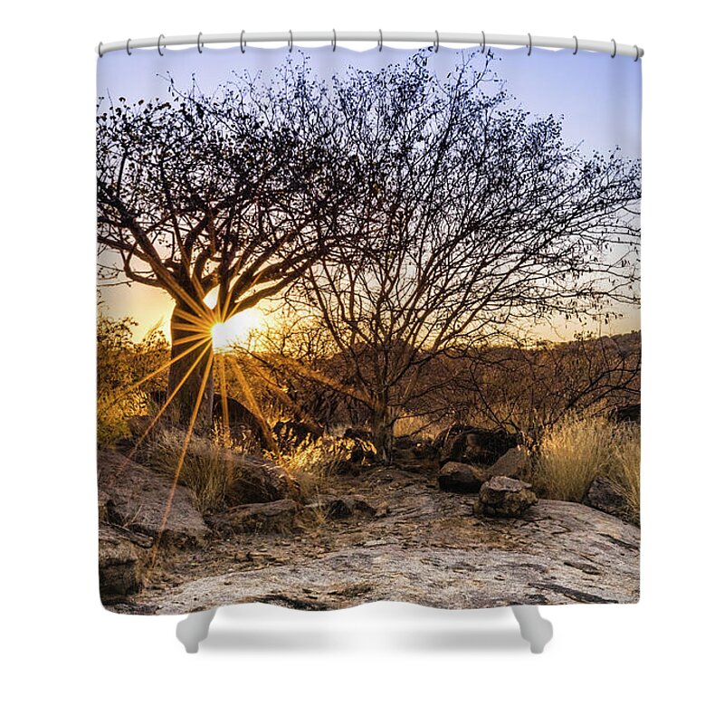 Sunset Shower Curtain featuring the photograph Sunset in the Erongo bush by Lyl Dil Creations