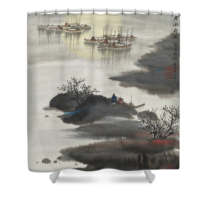 Chinese Watercolor Shower Curtain featuring the painting Moonrise on Taihu Lake by Jenny Sanders