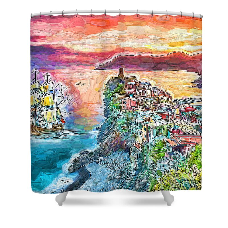 Paint Shower Curtain featuring the painting Sunset on italian coast by Nenad Vasic