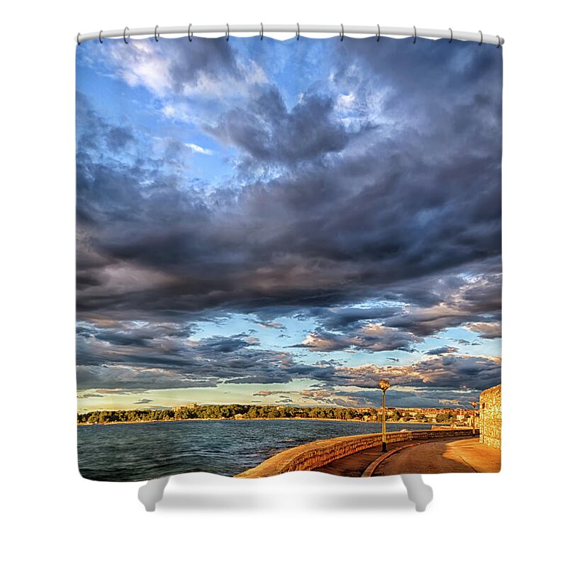 Quay Shower Curtain featuring the photograph Sunset on the streets of Porec by Vivida Photo PC