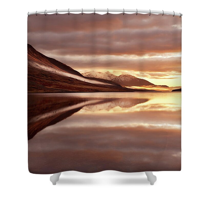 Tranquility Shower Curtain featuring the photograph Sunset With Firely Sky Reflected By Loch by Chee Seong