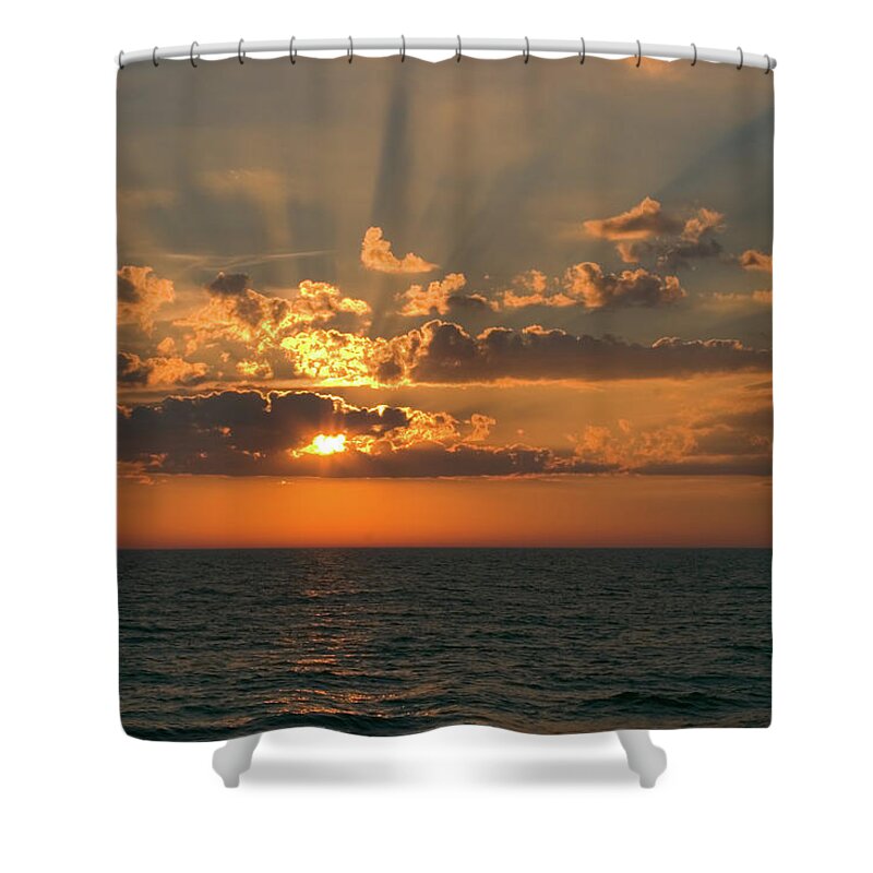 Water's Edge Shower Curtain featuring the photograph Sunset With Rays Of Light by Pablohart