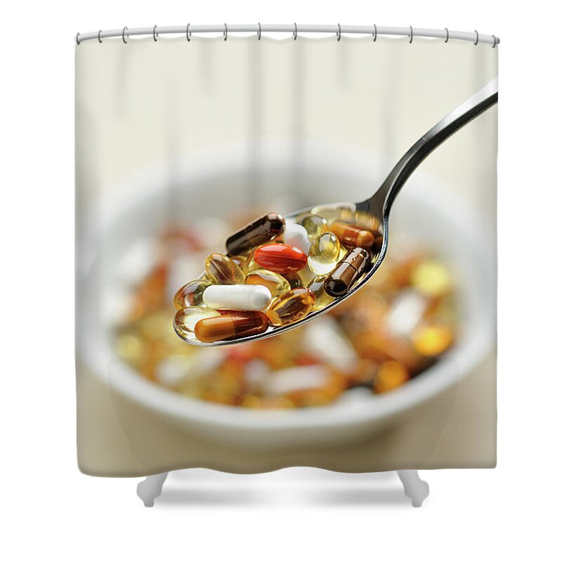 Risk Shower Curtain featuring the photograph Supplements To Take With A Spoon by Yagi Studio