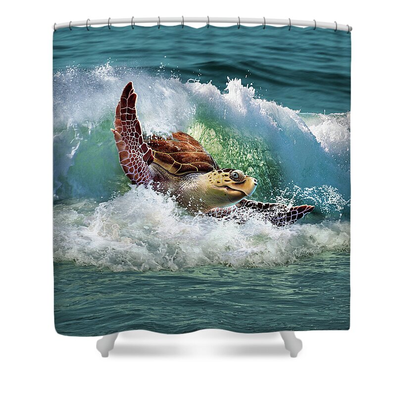 Sea Turtle Shower Curtain featuring the digital art Surf To The Turf by Jerry LoFaro