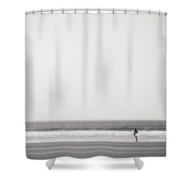 Tranquility Shower Curtain featuring the photograph Surfer At Newgale Beach, Wales by Elaine W Zhao