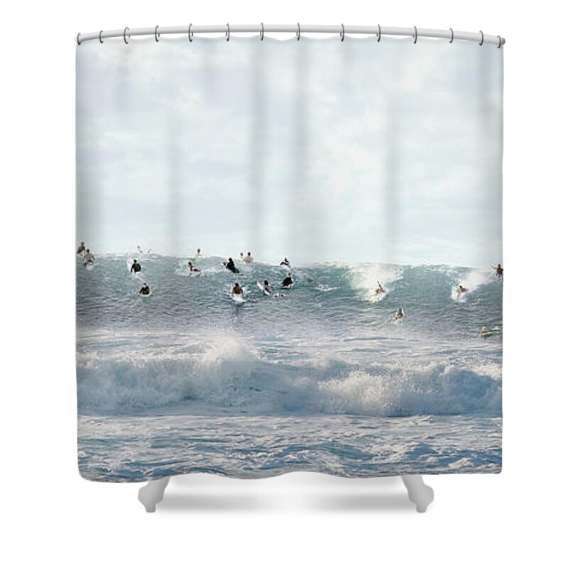 Crowd Shower Curtain featuring the photograph Surfers Surfing On Wave by Ed Freeman
