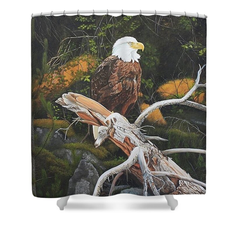 Eagle. Bald Eagle Shower Curtain featuring the painting Surveying The Sea by Tammy Taylor