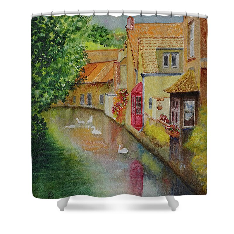 Bruges Shower Curtain featuring the painting Swan Canal by Karen Fleschler
