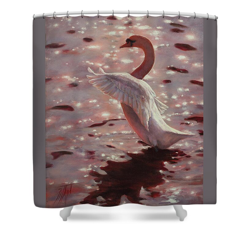 Swan Shower Curtain featuring the painting Pink Sunset Swan by Lynne Pittard