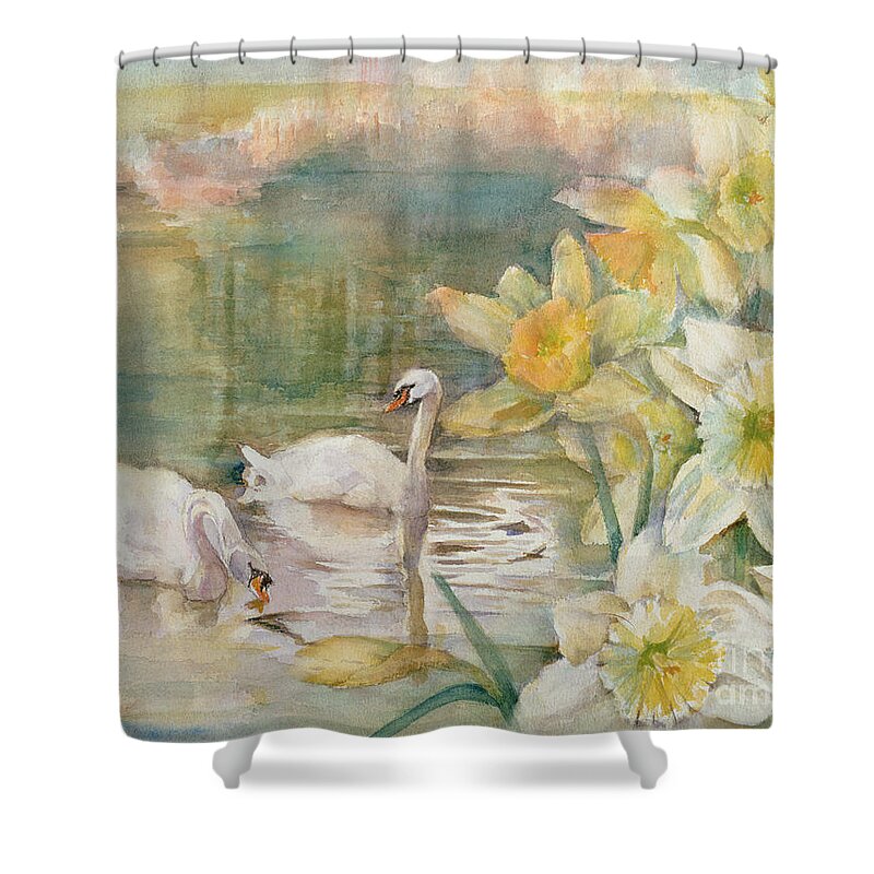 Watercolor Shower Curtain featuring the painting Swans at Hurst by Karen Armitage