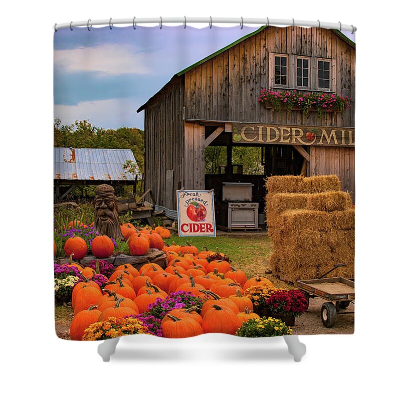 New England Mill Shower Curtain featuring the photograph Swanton Vermont farmstand by Jeff Folger