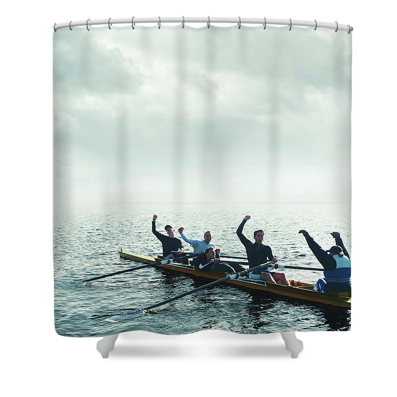 Young Men Shower Curtain featuring the photograph Sweep Rowing Crew, Arms Raised by Gandee Vasan