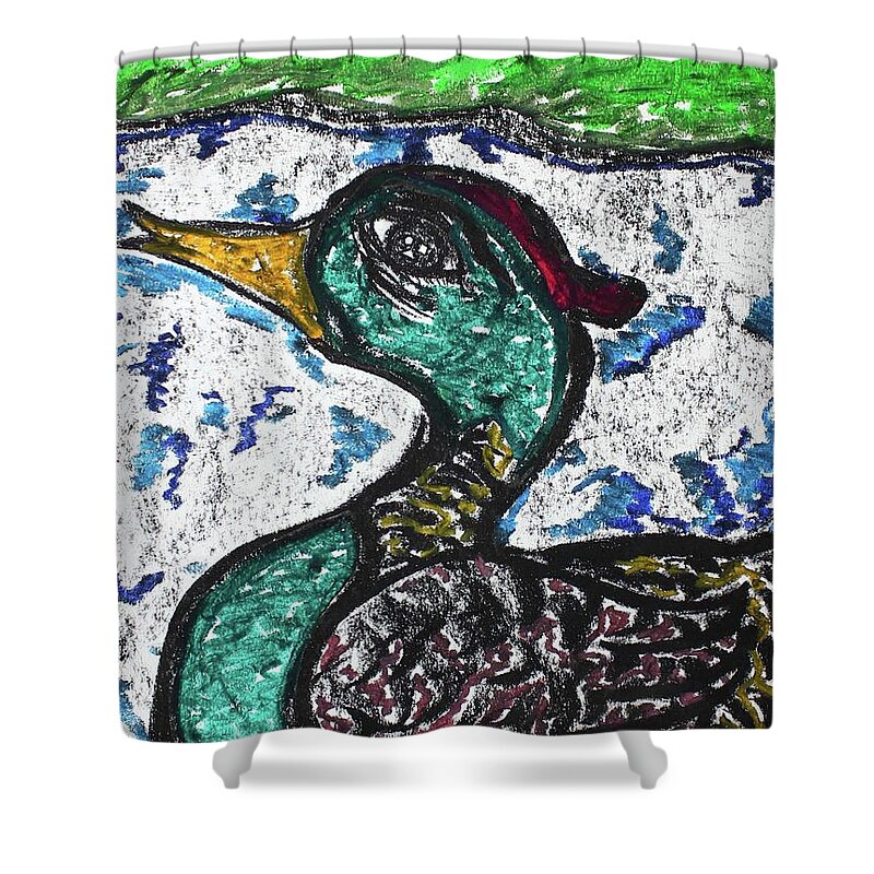 Charcoal Shower Curtain featuring the pastel Swimming Duck by Odalo Wasikhongo