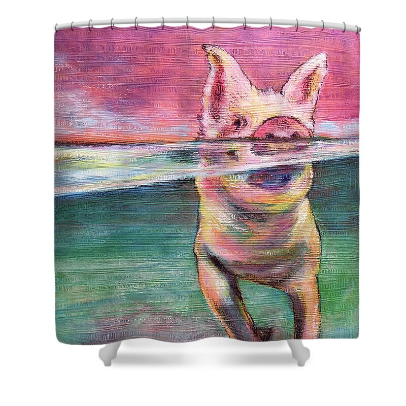 Pig Shower Curtain featuring the mixed media Swimming Pig by AnneMarie Welsh