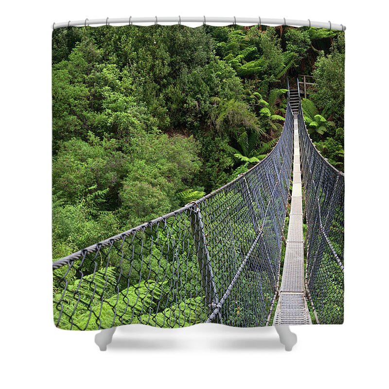 Built Structure Shower Curtain featuring the photograph Swing Bridge Over Rainforest by Steve Daggar Photography