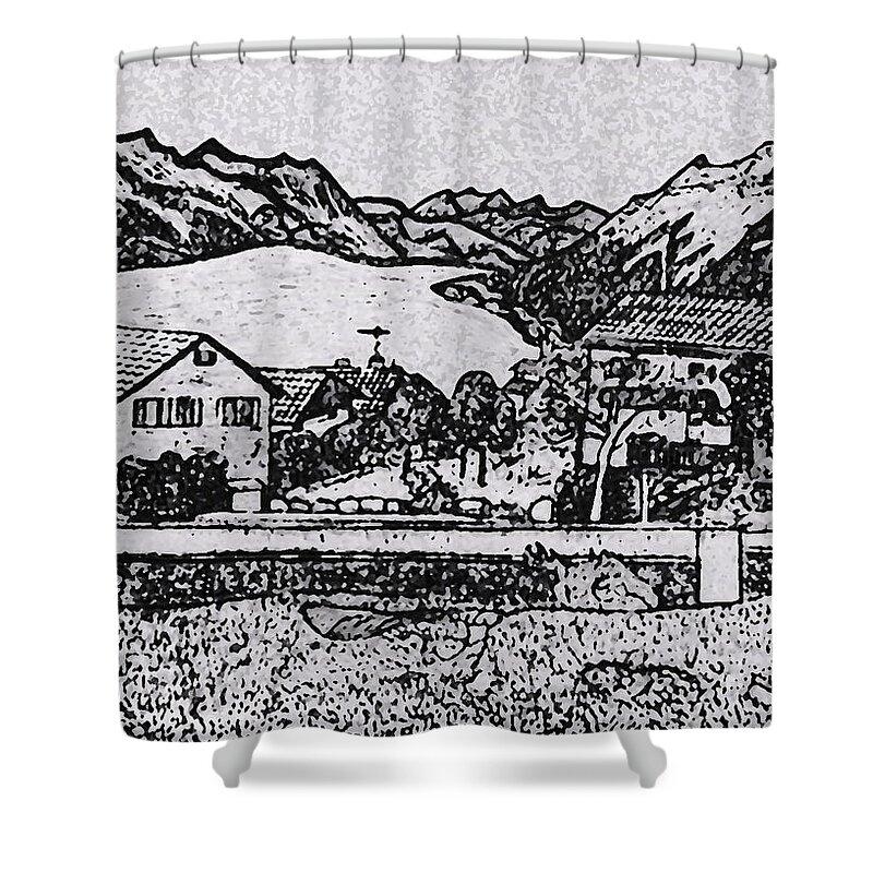 Landscape Black And White Sketch Shower Curtain featuring the drawing Swiss Travels by Monica Engeler