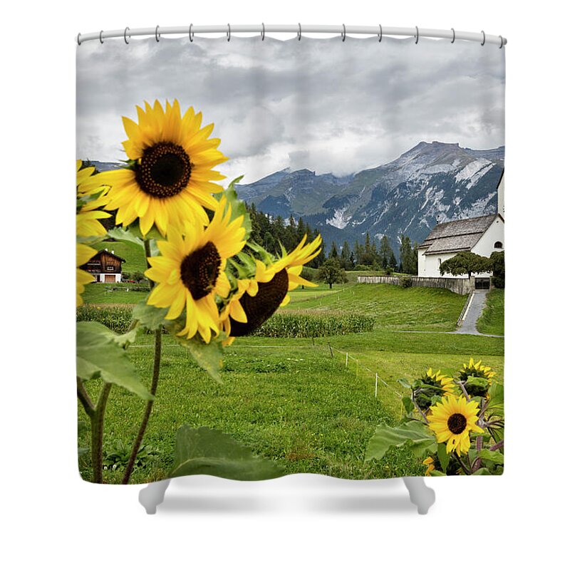 Estock Shower Curtain featuring the digital art Switzerland, Grisons, Surselva, Safiental, Versam, Versam Church by Massimo Ripani