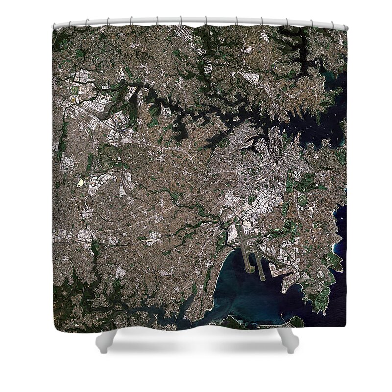 Satellite Image Shower Curtain featuring the digital art Sydney, Australia from space by Christian Pauschert