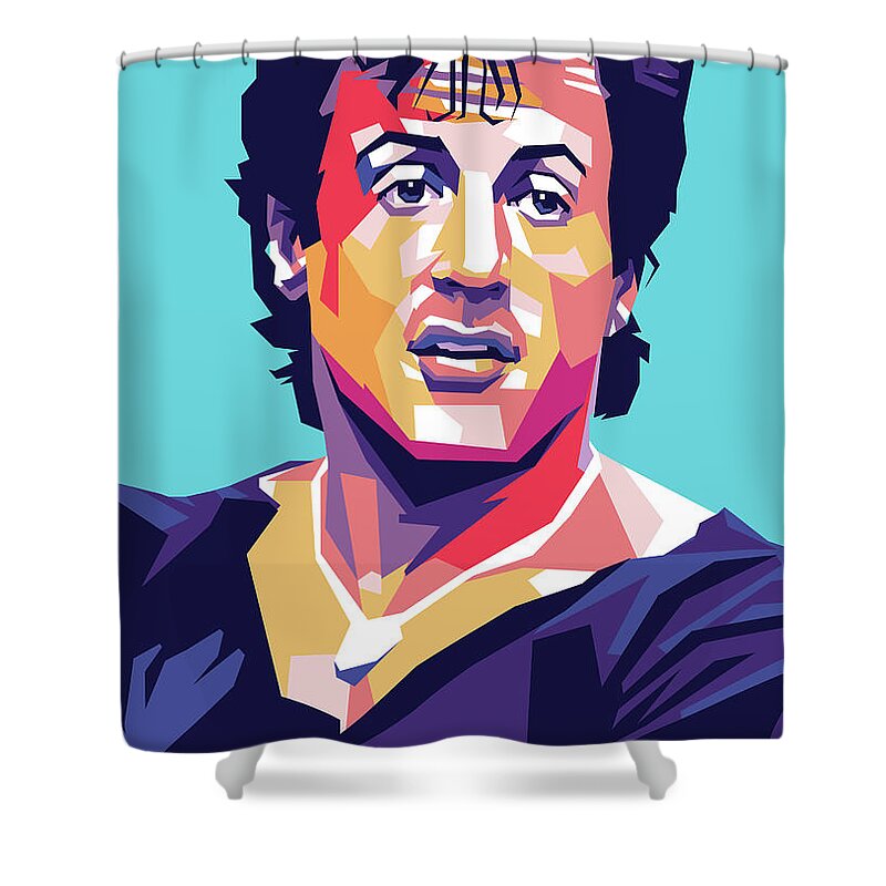 Bio Shower Curtain featuring the digital art Sylvester Stallone -b1 by Movie World Posters