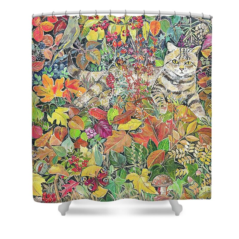 Contemporary Art Shower Curtain featuring the painting Tabby In Autumn, 1996 by Hilary Jones