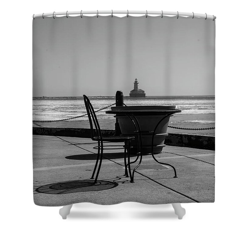 Table Shower Curtain featuring the photograph Table for one bw by Stuart Manning