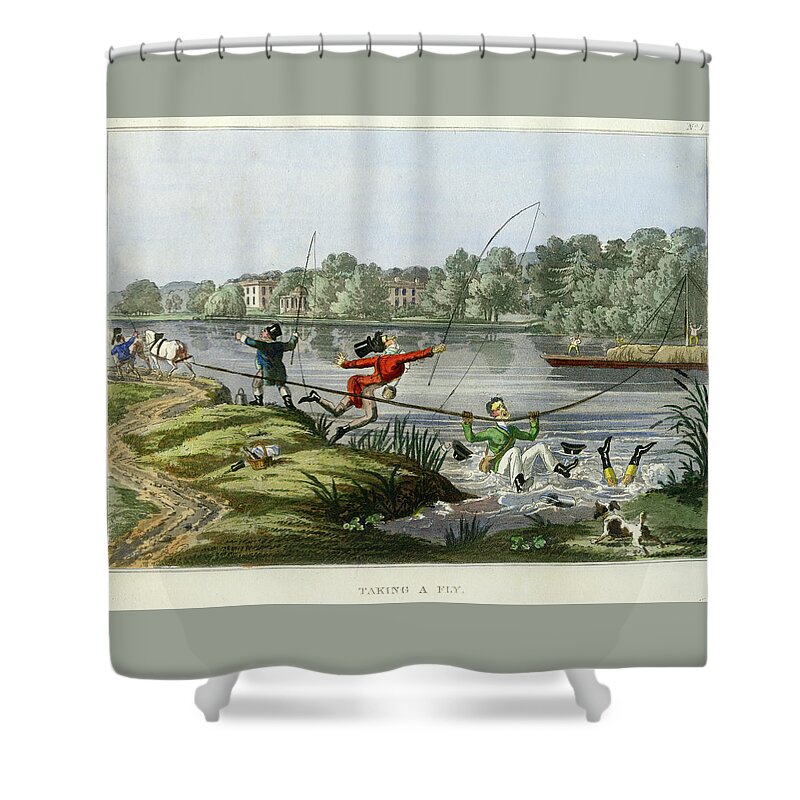 Fishing Shower Curtain featuring the mixed media Taking a Fly by unsigned attributed to Edward Barnard