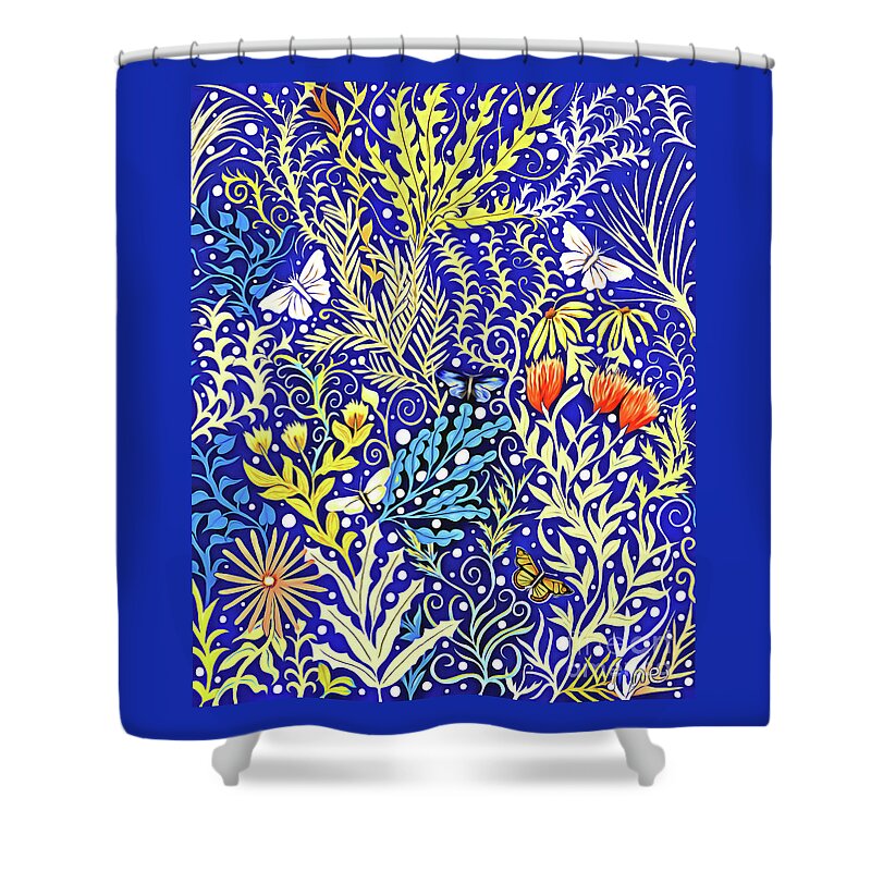 Lise Winne Shower Curtain featuring the mixed media Tapestry Design in Blue and Yellow with Orange Flowers and White Butterflies by Lise Winne