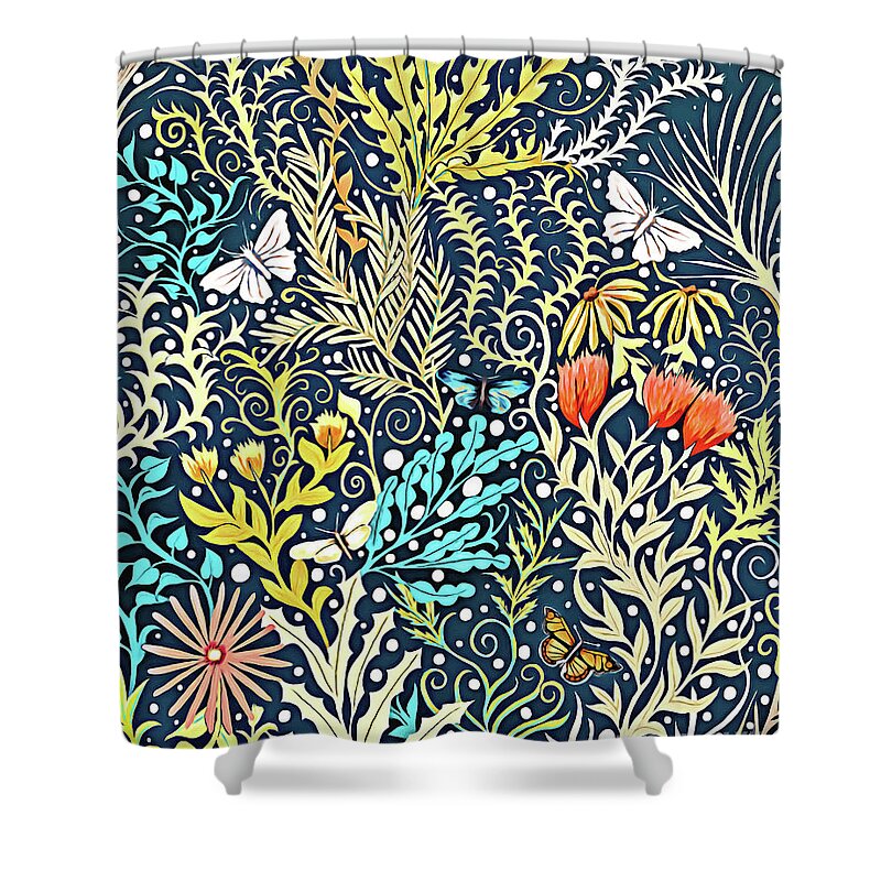 Lise Winne Shower Curtain featuring the tapestry - textile Tapestry Design, with Butterflies, Autumn Colored Foliage on a Dark Blue Background by Lise Winne