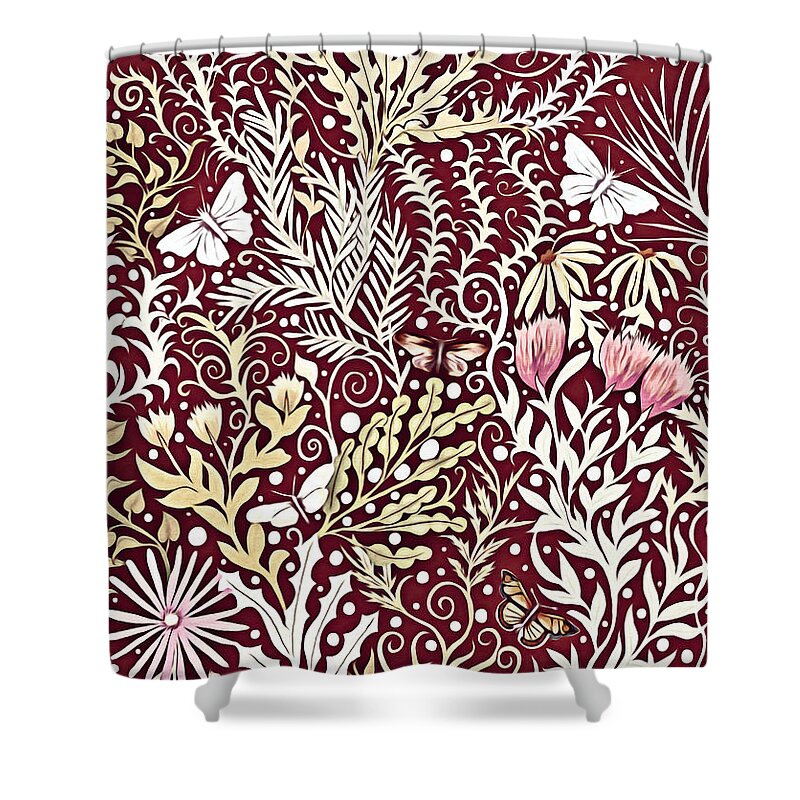 Lise Winne Shower Curtain featuring the mixed media Tapestry Design, With White Butterflies, In a Deep Rich Red by Lise Winne