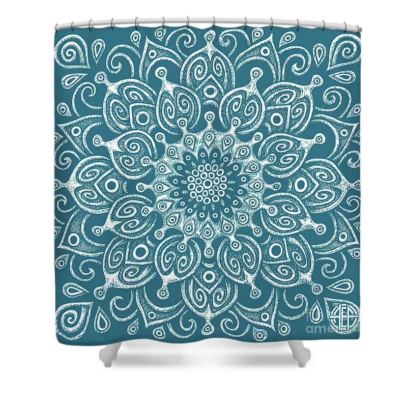 Boho Shower Curtain featuring the drawing Tapestry Square 24 Sea Creature Blue by Amy E Fraser
