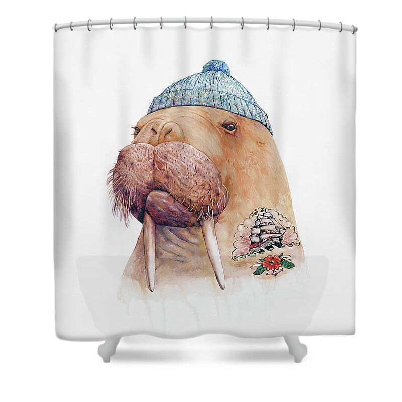 Tattoo Shower Curtain featuring the painting Tattooed Walrus by Animal Crew