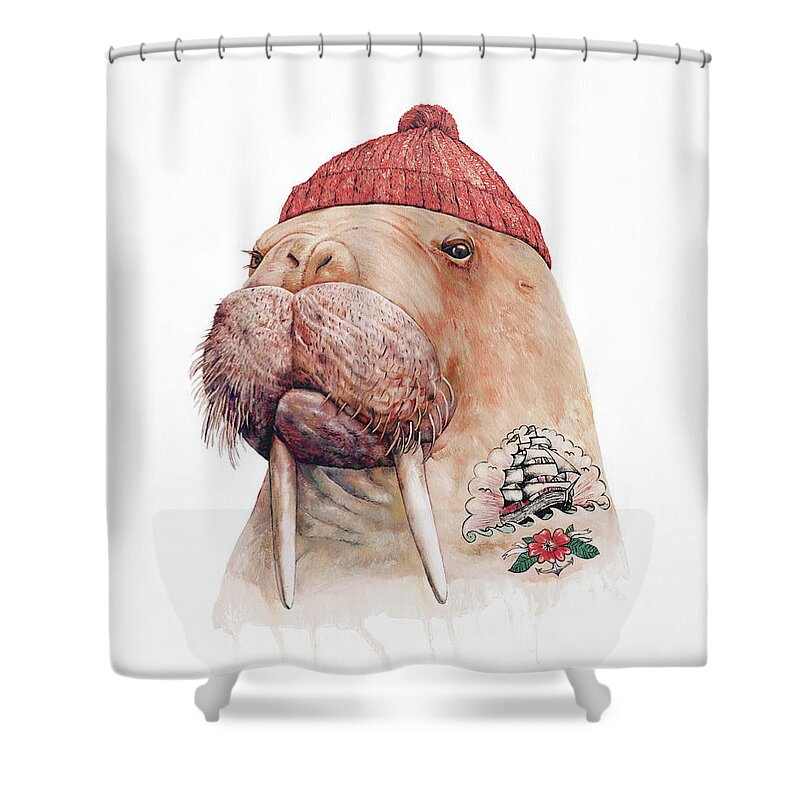 Walrus Shower Curtain featuring the painting Tattooed Walrus Red by Animal Crew