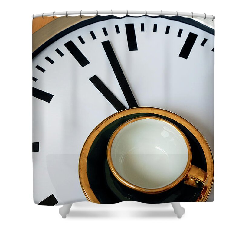 Coffee Shower Curtain featuring the photograph Teacup On A Clock by Eversofine