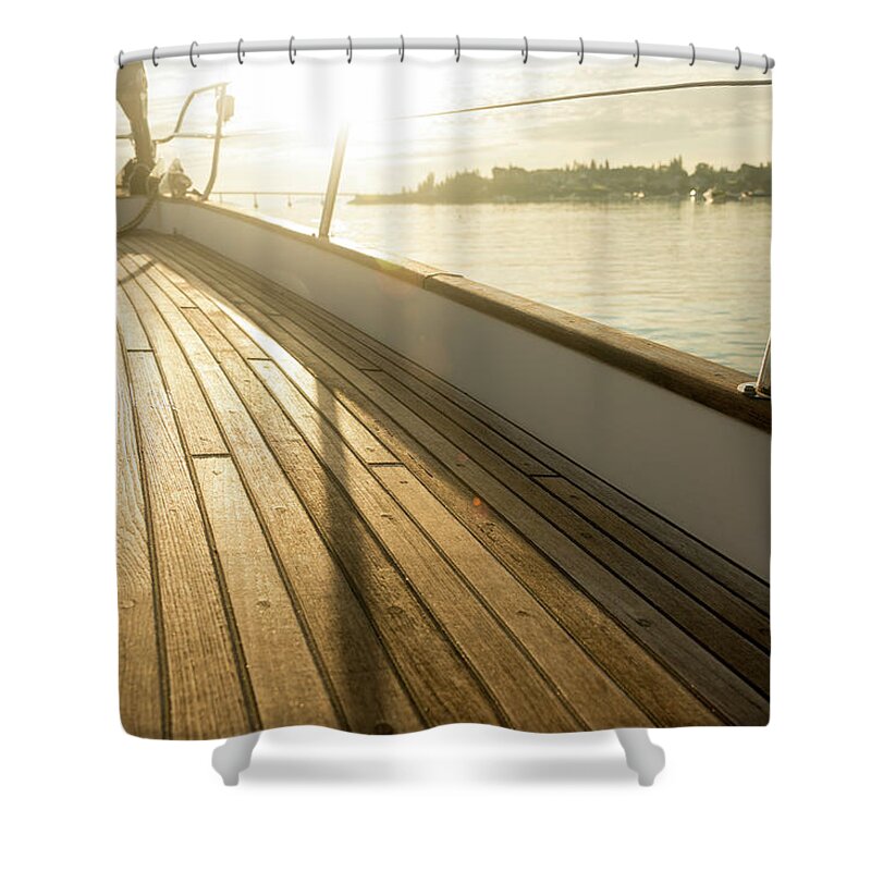 Sailboat Shower Curtain featuring the photograph Teak Deck Of 62 Ft Sailboat by Gary S Chapman