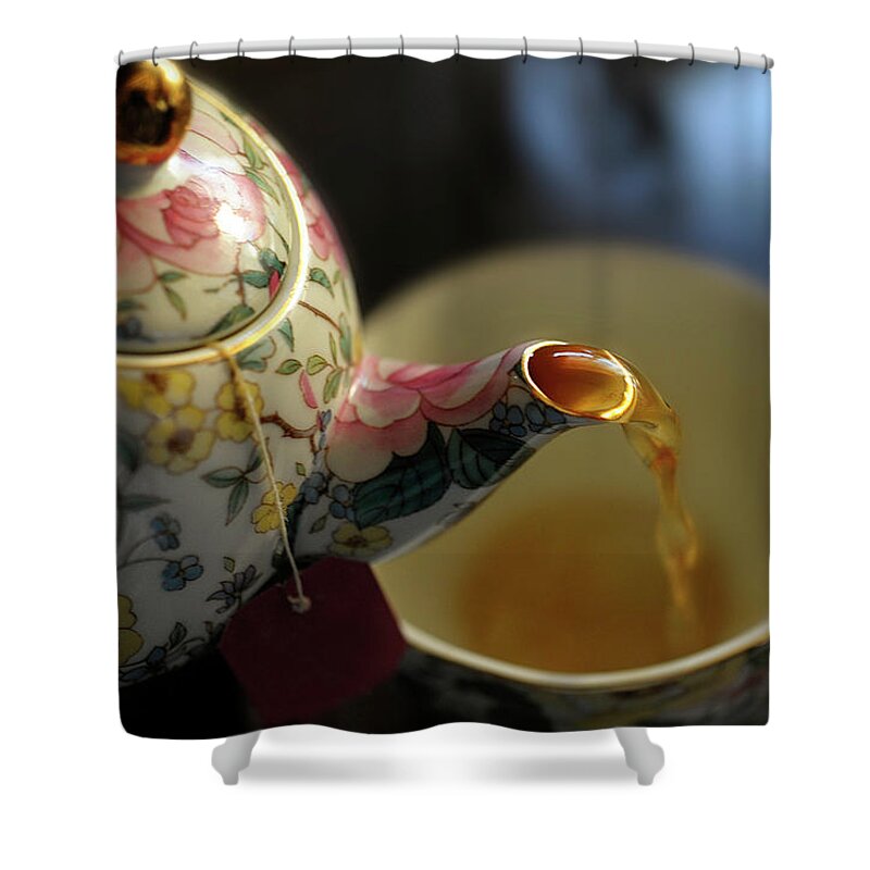 California Shower Curtain featuring the photograph Teapot With Tea by By Janice Darby