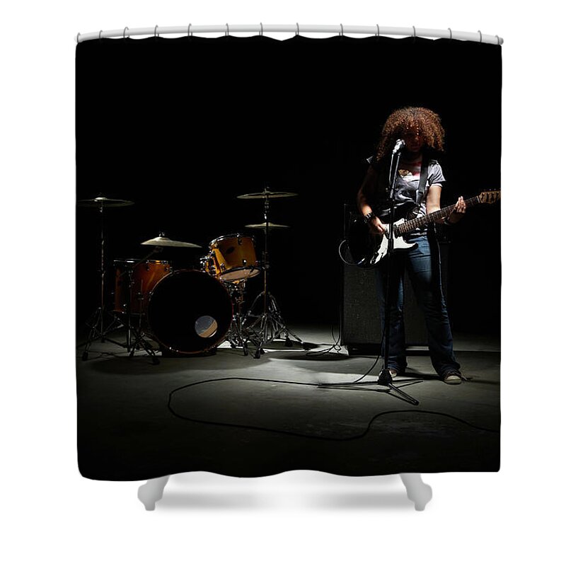 Cool Attitude Shower Curtain featuring the photograph Teenage Girl 13-15 Playing Electric by Thomas Northcut