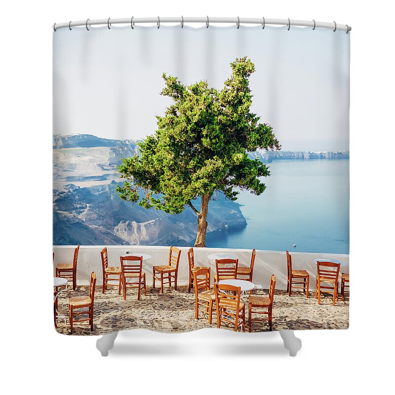 Scenics Shower Curtain featuring the photograph Terrace With Sea Views In Santorini by Deimagine