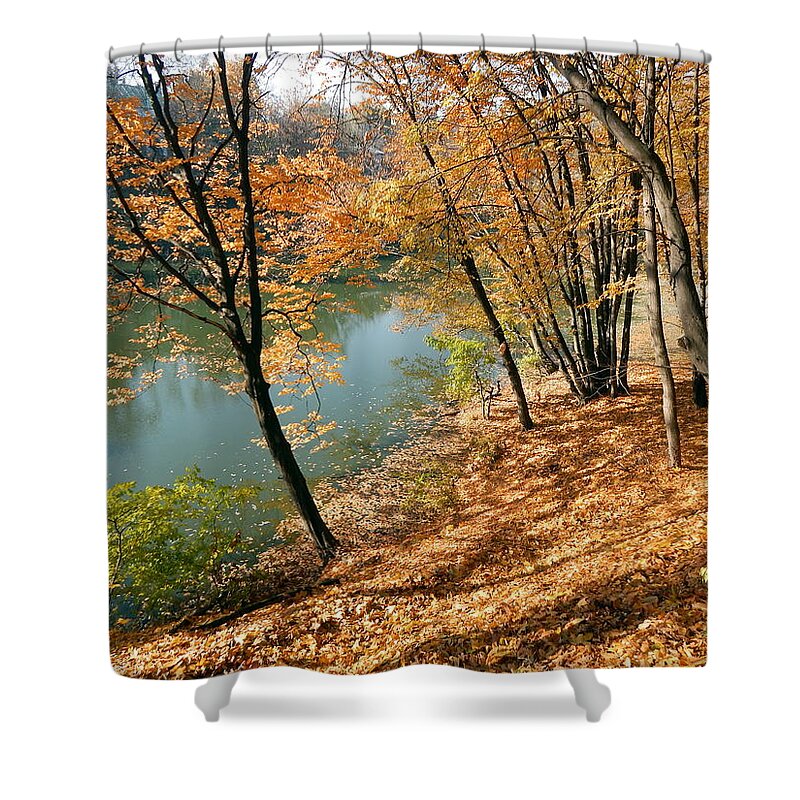 Green Shower Curtain featuring the photograph Terrain of the surface of the forest lake by Oleg Prokopenko