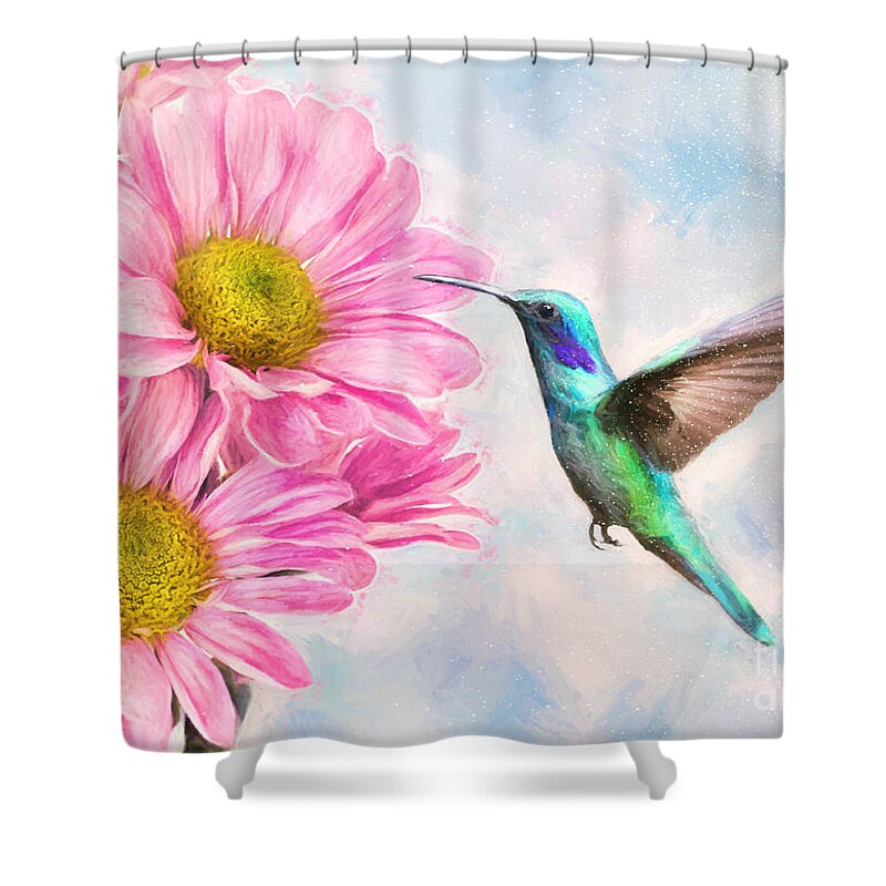 Hummingbird Shower Curtain featuring the painting Testing The Daisies by Tina LeCour